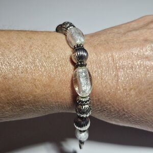 Silver Tone And Clear Beaded Medical Alert Stretch Bracelet 6"
